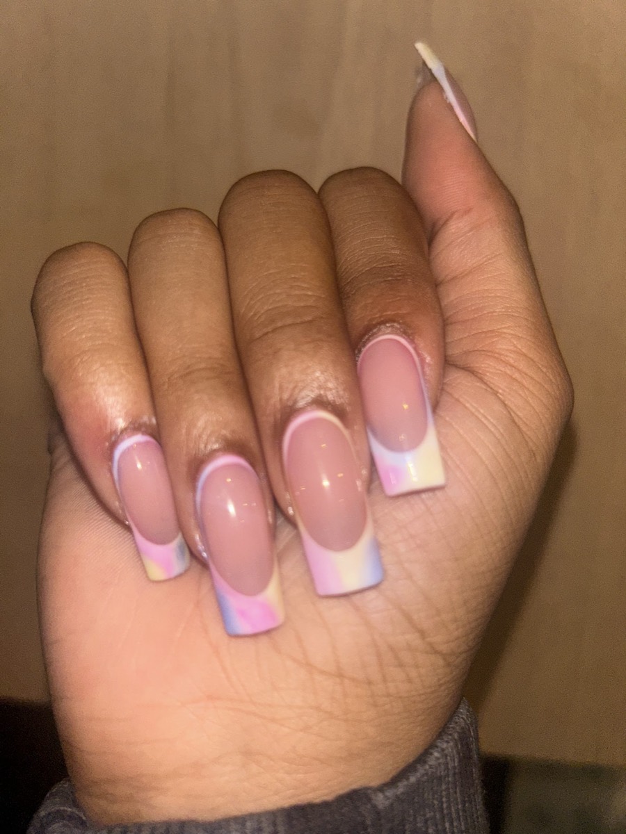 Long nails with soft pastel tie-dye French tips